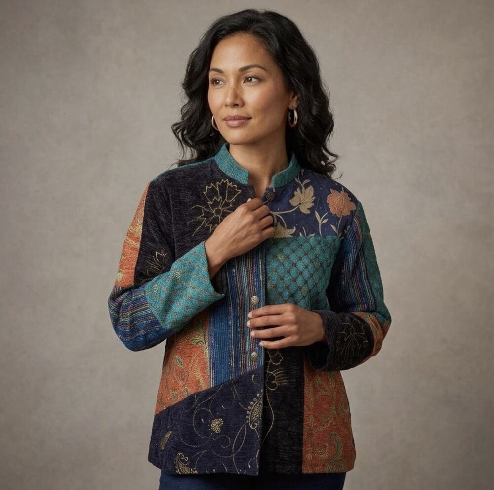 Vintage Alex Kim Patchwork Tapestry Jacket 2X Teal Chenille Brocade Art to Wear